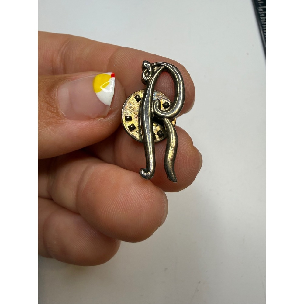 Initial Letter R Lapel Pin Monogram Script Cursive Metallic Silver Tone Small